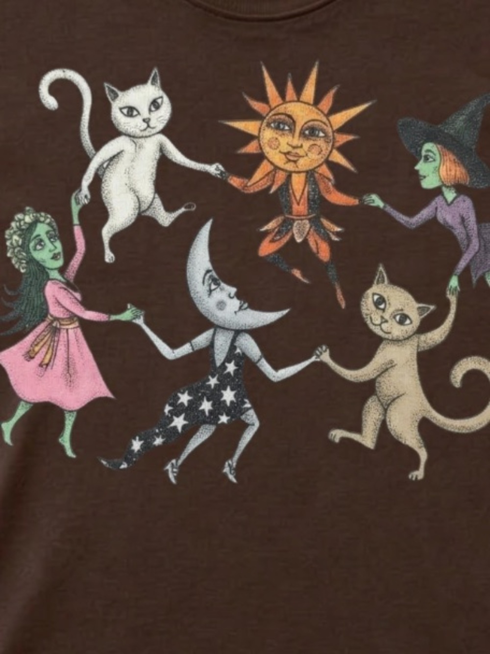 Gildan Brown Graphic Tee with Celestial Cat & Witch Figures - Picture 2 of 3